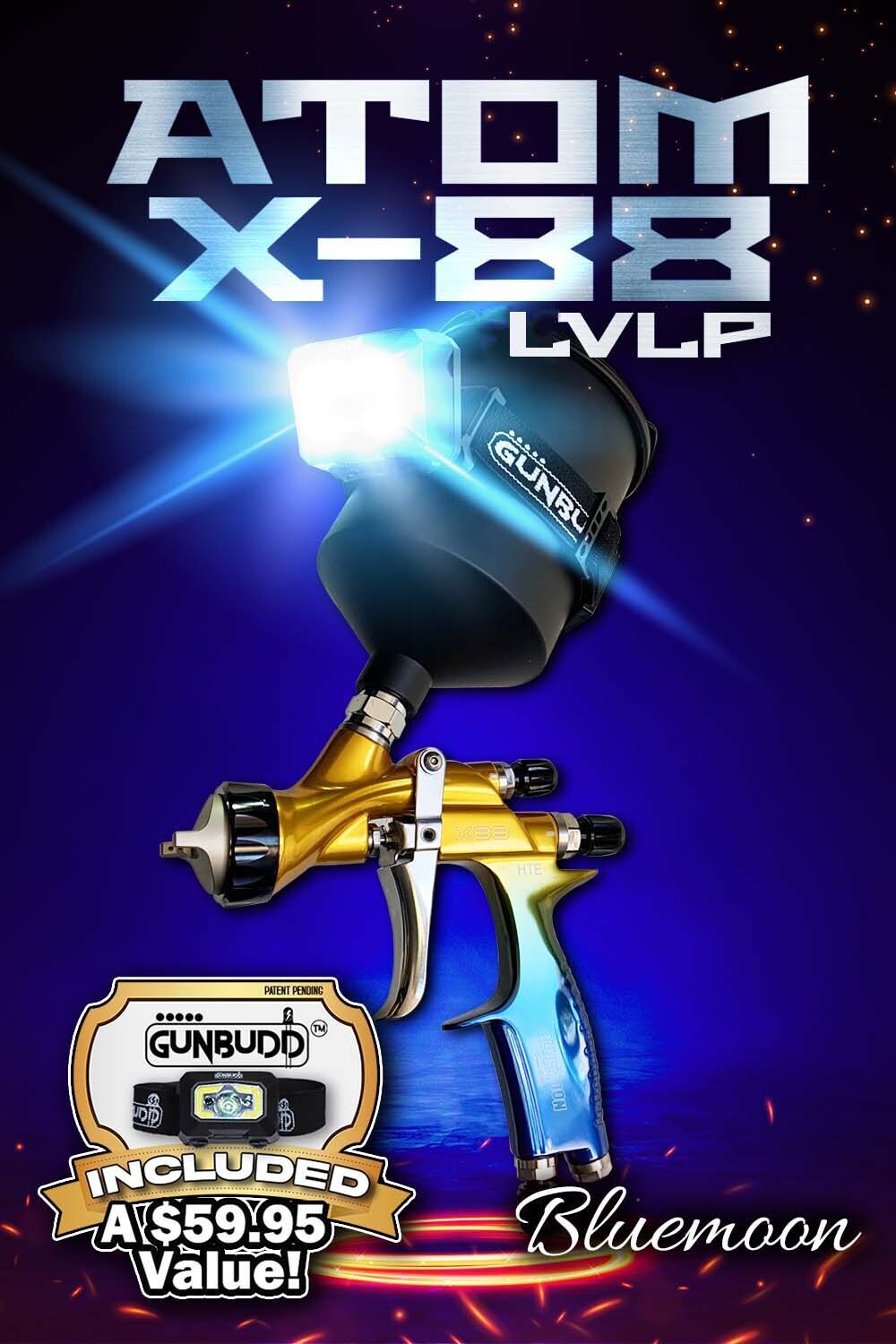ATOM X88 BLUEMOON LVLP Professional Spray Gun 1.3 and 1.4 TIP Combo - Solvent/Waterborne + FREE GunBudd Ultra Lighting System